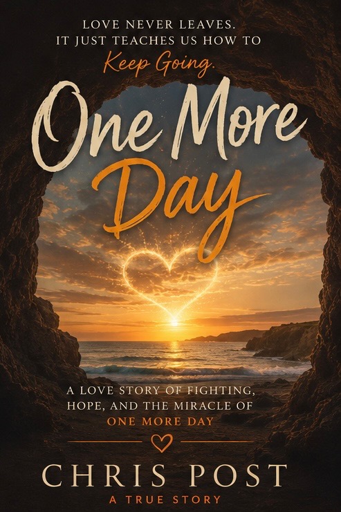 One More Day by Chris Post — the cover: a sunset over the ocean seen through a cave mouth, with a heart traced in light above the water.